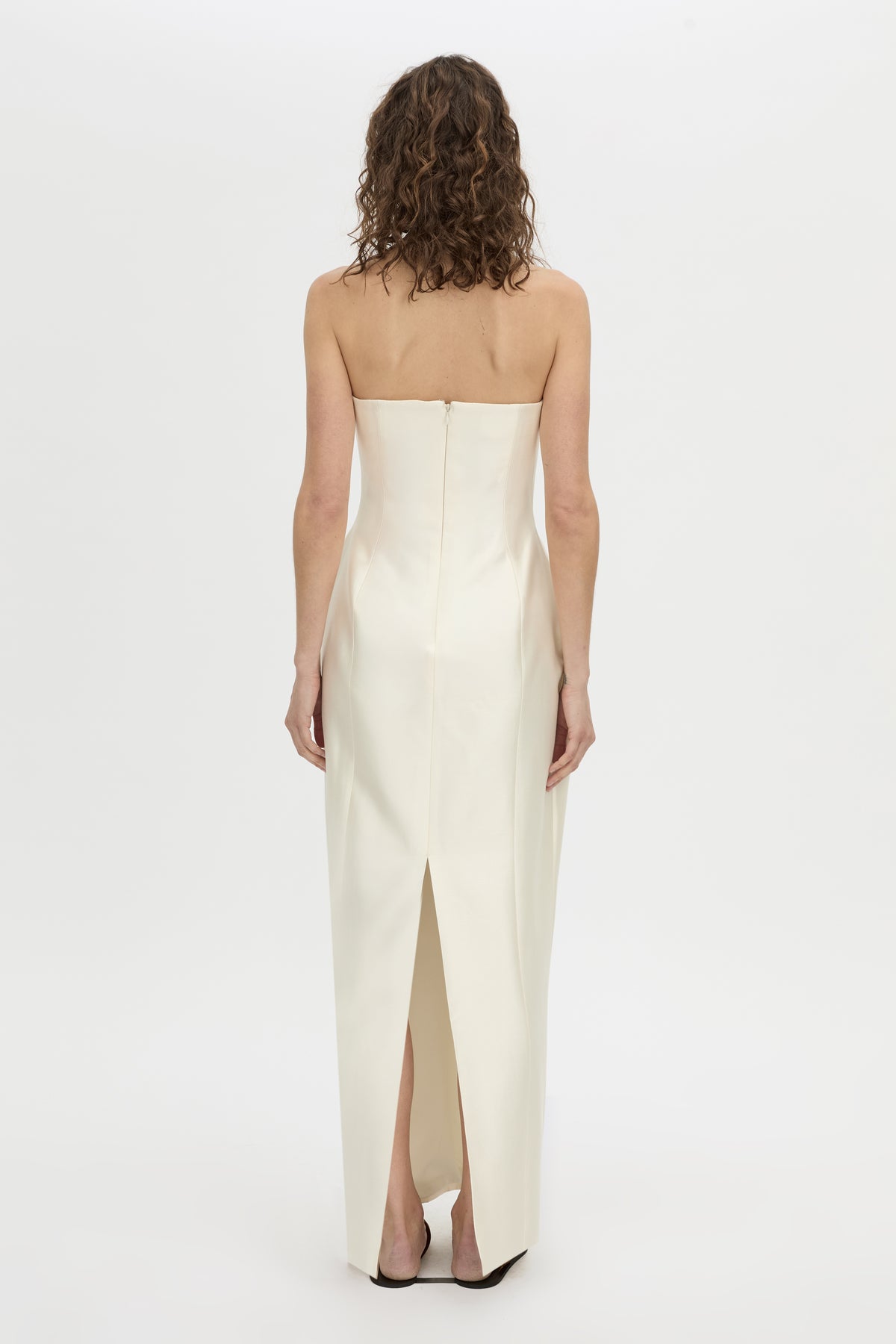 Back view CAMILLA AND MARC strapless Sona Maxi Dress in cream with structured internal bodice.