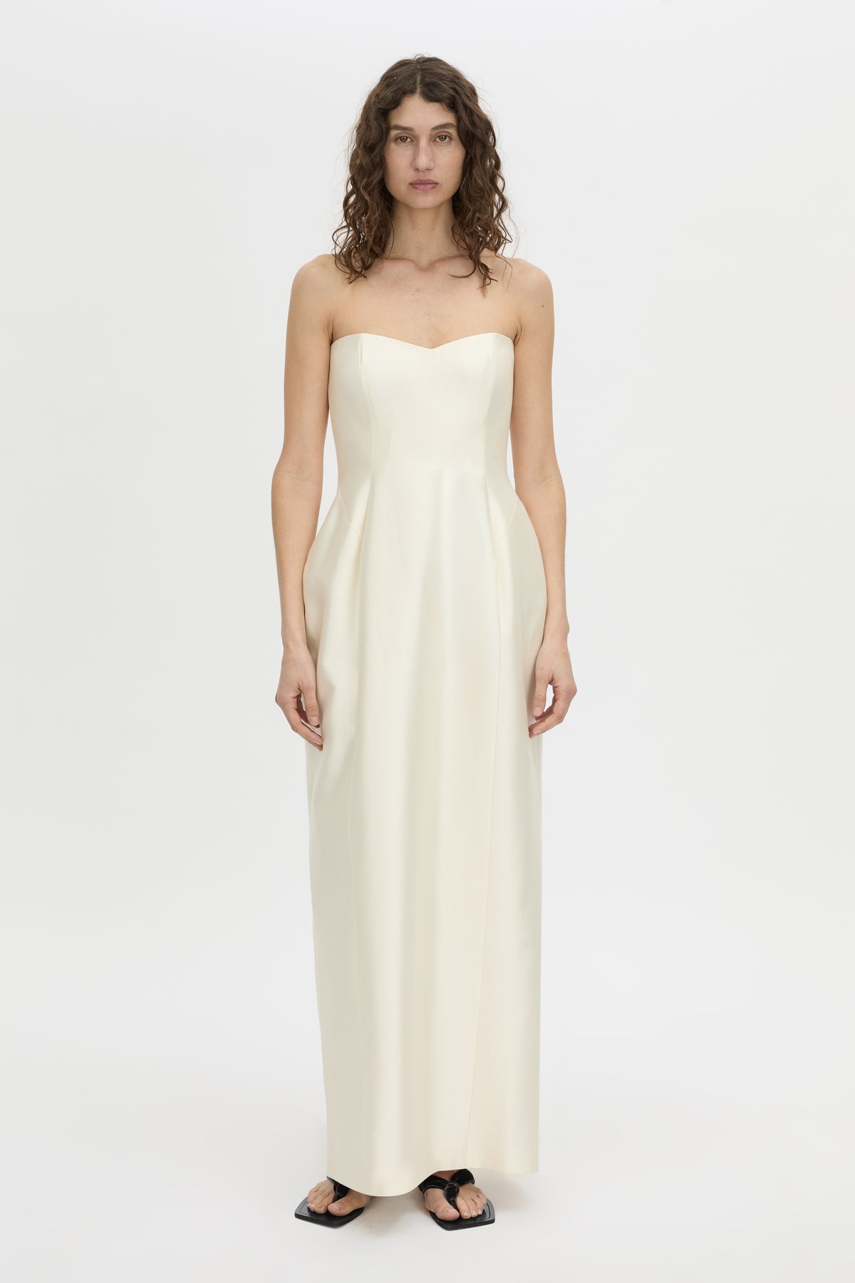 Front styled view CAMILLA AND MARC strapless Sona Maxi Dress in cream with structured internal bodice.