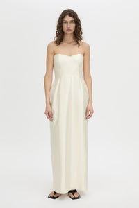 Front styled view CAMILLA AND MARC strapless Sona Maxi Dress in cream with structured internal bodice.