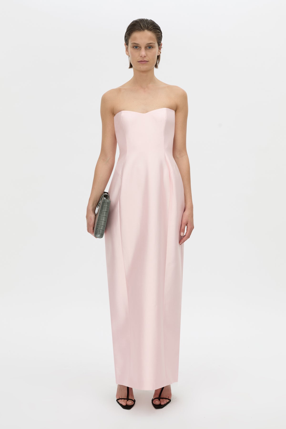 Front view CAMILLA AND MARC strapless Sona Maxi Dress in ice pink with structured internal bodice.