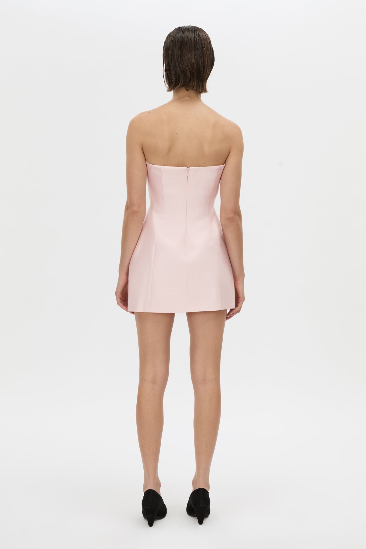 Back view CAMILLA AND MARC strapless Sona Mini Dress in ice pink with structured internal bodice.