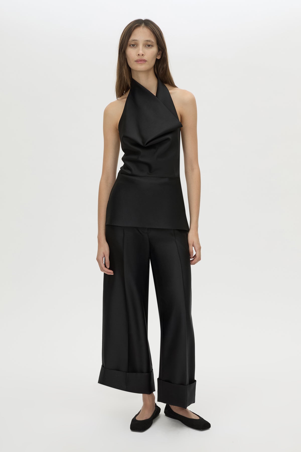 Front-styled view CAMILLA AND MARC Sona Top in black with halter‑neck cowl neckline.