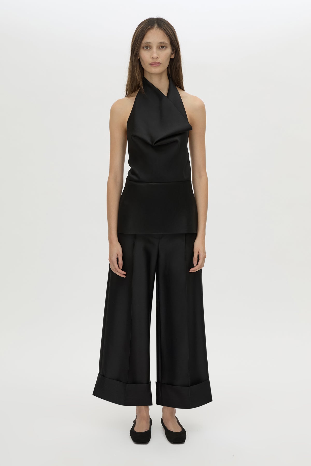 Front view CAMILLA AND MARC Sona Top in black with halter‑neck cowl neckline.
