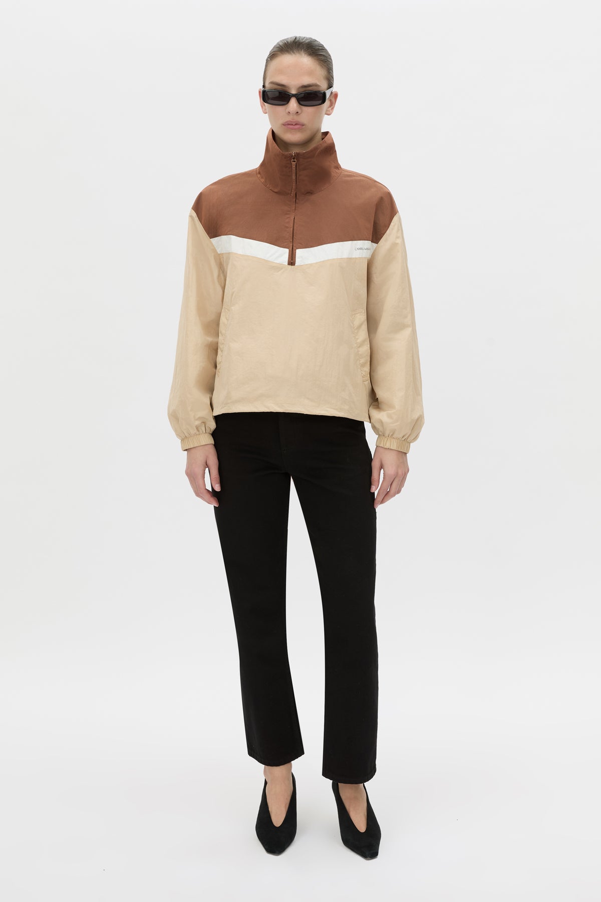Front-styled view CAMILLA AND MARC Storm Colour Block Pullover in mocha and bone.