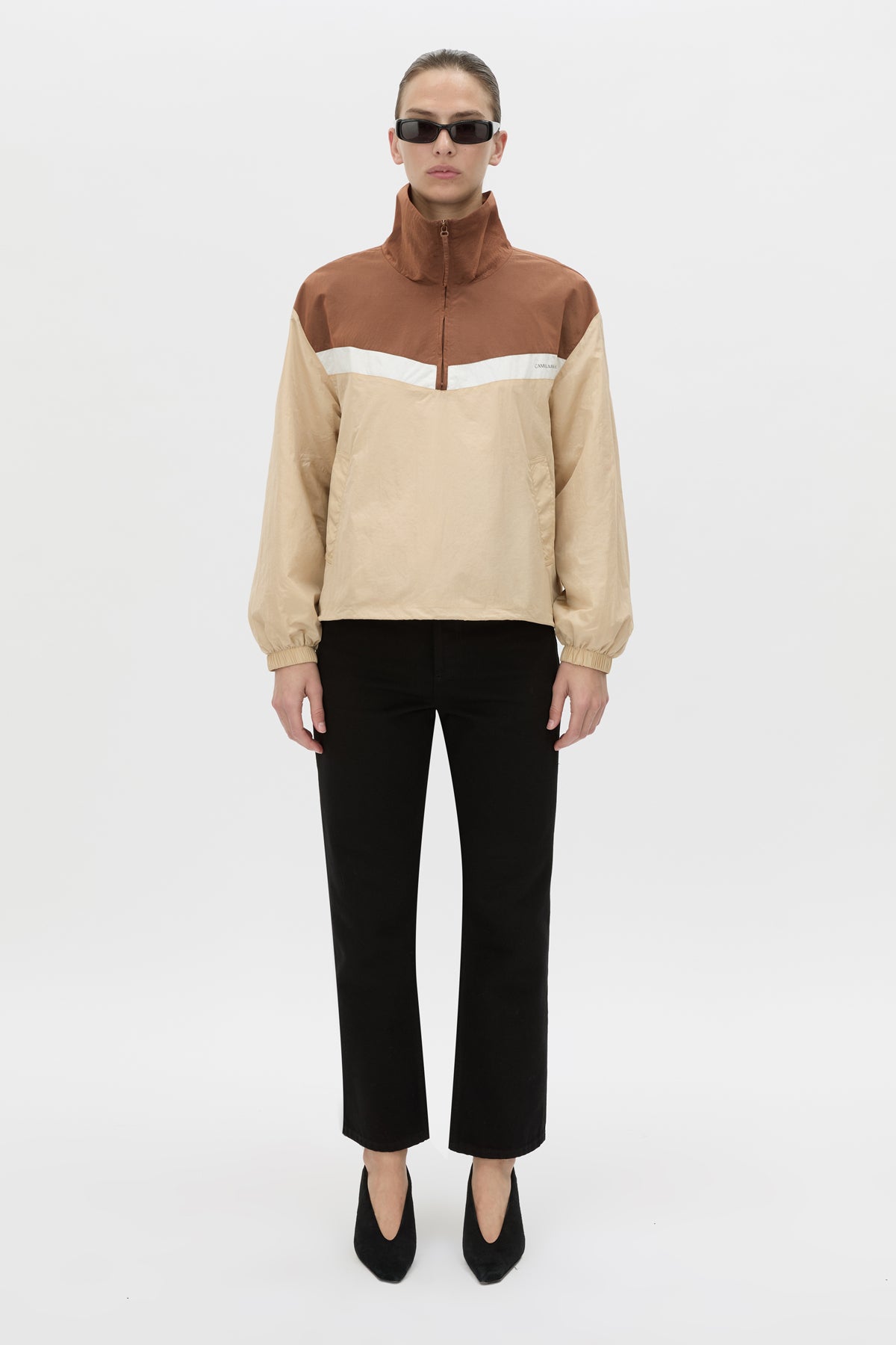 Front view CAMILLA AND MARC Storm Colour Block Pullover in mocha and bone.