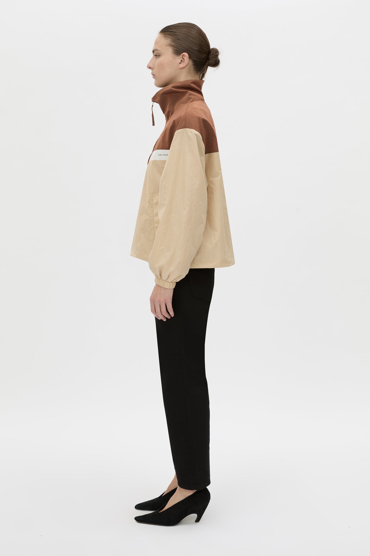 Side view CAMILLA AND MARC Storm Colour Block Pullover in mocha and bone.
