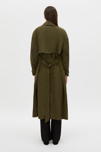 Back view CAMILLA AND MARC Storm Trench Coat in khaki with concealed snap fastenings, in seam pockets and a self tie belt with sleeve straps.