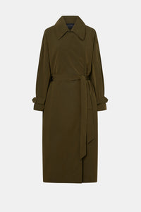 Ghost view CAMILLA AND MARC Storm Trench Coat in khaki with concealed snap fastenings, in seam pockets and a self tie belt with sleeve straps.