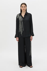 Front view CAMILLA AND MARC Suri Long Sleeve Shirt in black suri print.