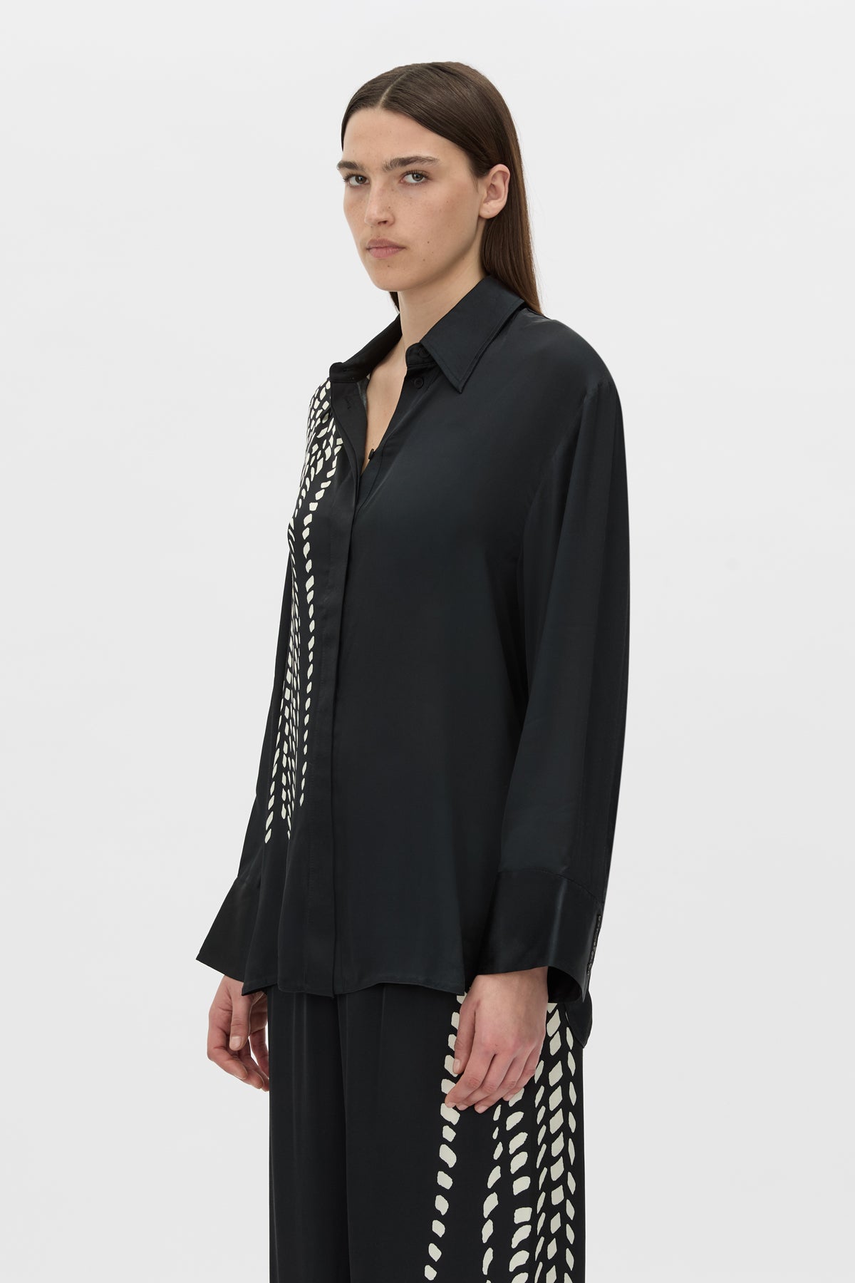 Cropped view CAMILLA AND MARC Suri Long Sleeve Shirt in black suri print.