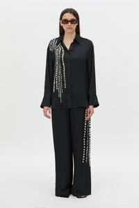 Front-styled view CAMILLA AND MARC Suri Long Sleeve Shirt in black suri print.