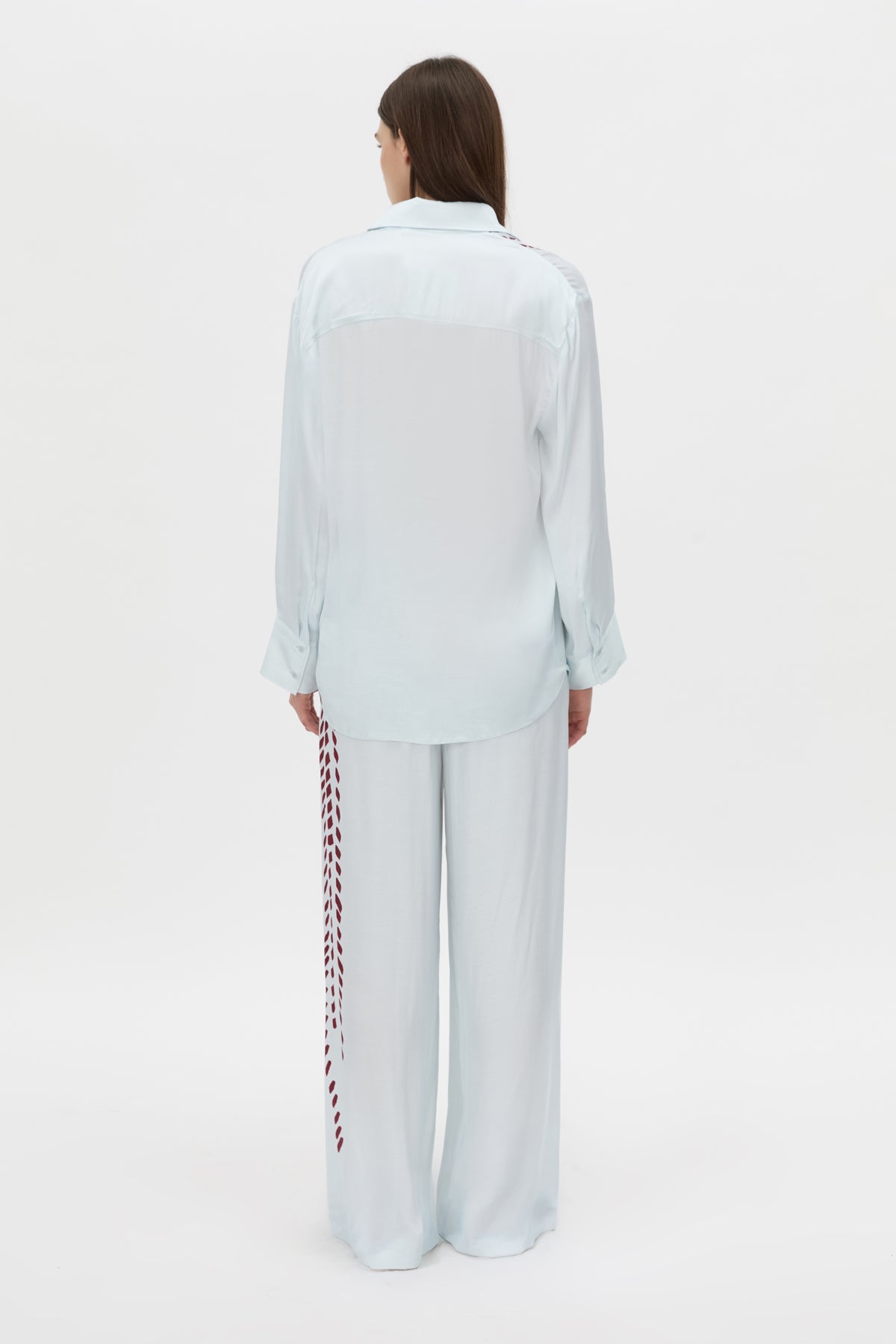 Back view CAMILLA AND MARC Suri Long Sleeve Shirt in blue suri print.