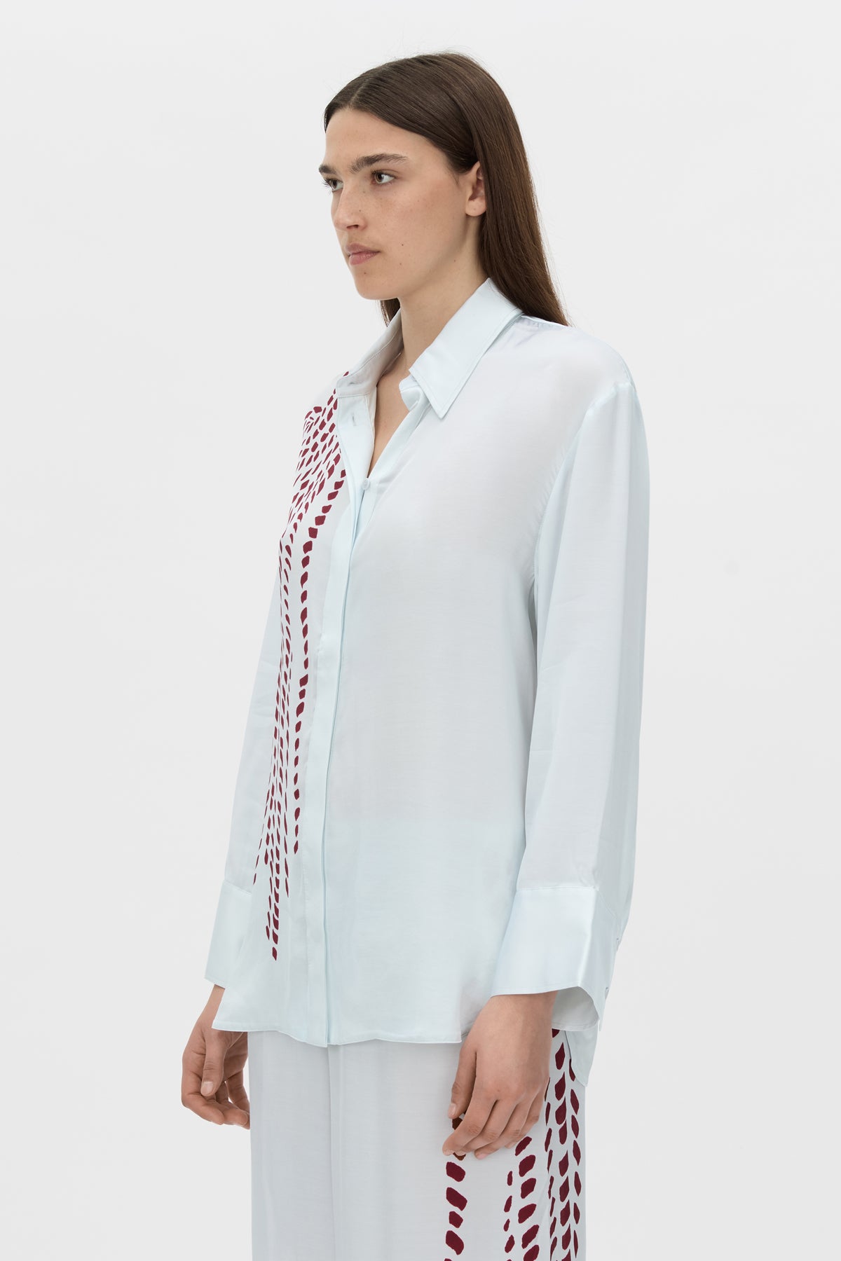 Cropped view CAMILLA AND MARC Suri Long Sleeve Shirt in blue suri print.