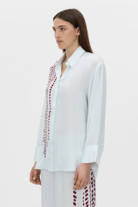 Cropped view CAMILLA AND MARC Suri Long Sleeve Shirt in blue suri print.