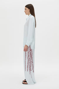 Side view CAMILLA AND MARC Suri Long Sleeve Shirt in blue suri print.