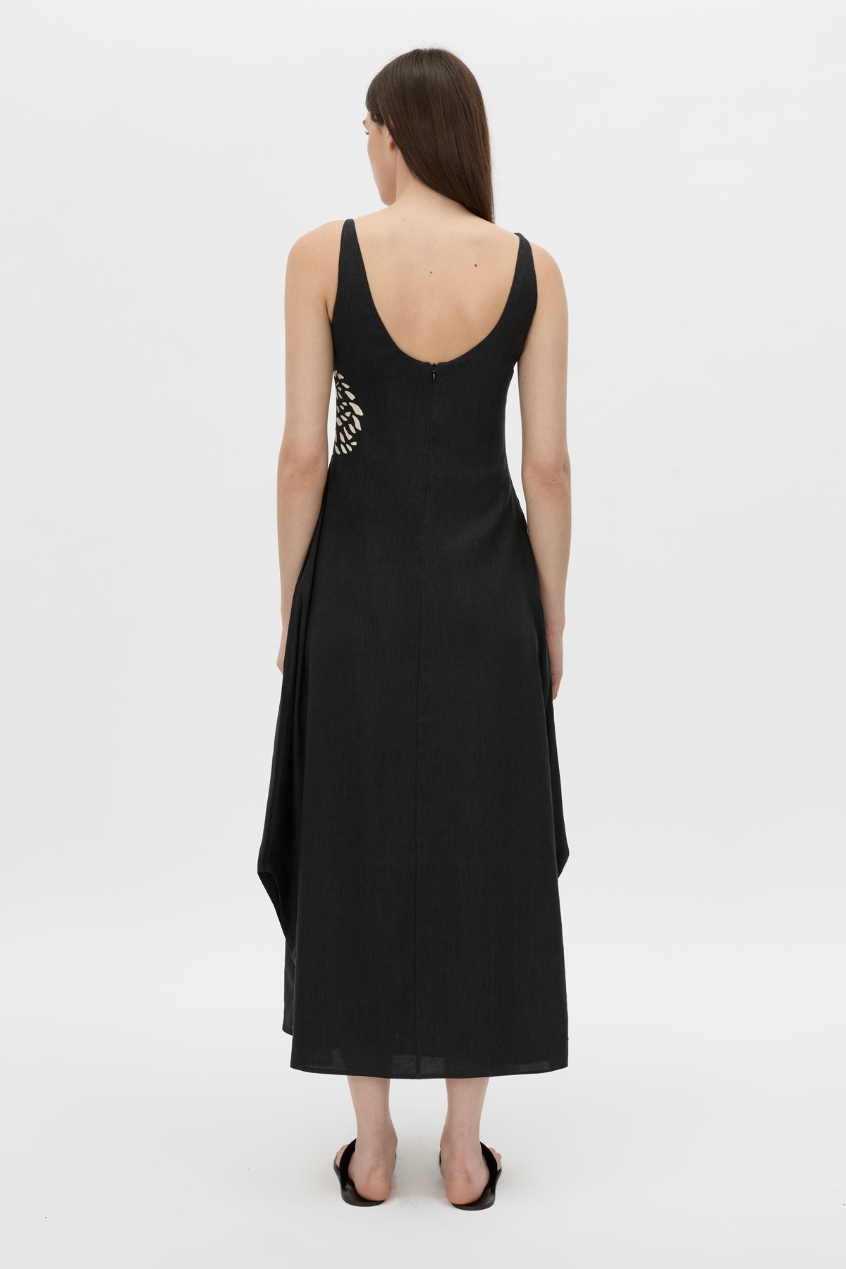 Back view CAMILLA AND MARC Suri Midi Dress in black Suri print with a scooped neckline.