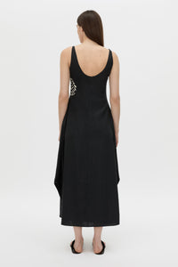 Back view CAMILLA AND MARC Suri Midi Dress in black Suri print with a scooped neckline.