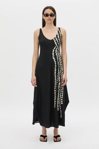 Front view CAMILLA AND MARC Suri Midi Dress in black Suri print with a scooped neckline.