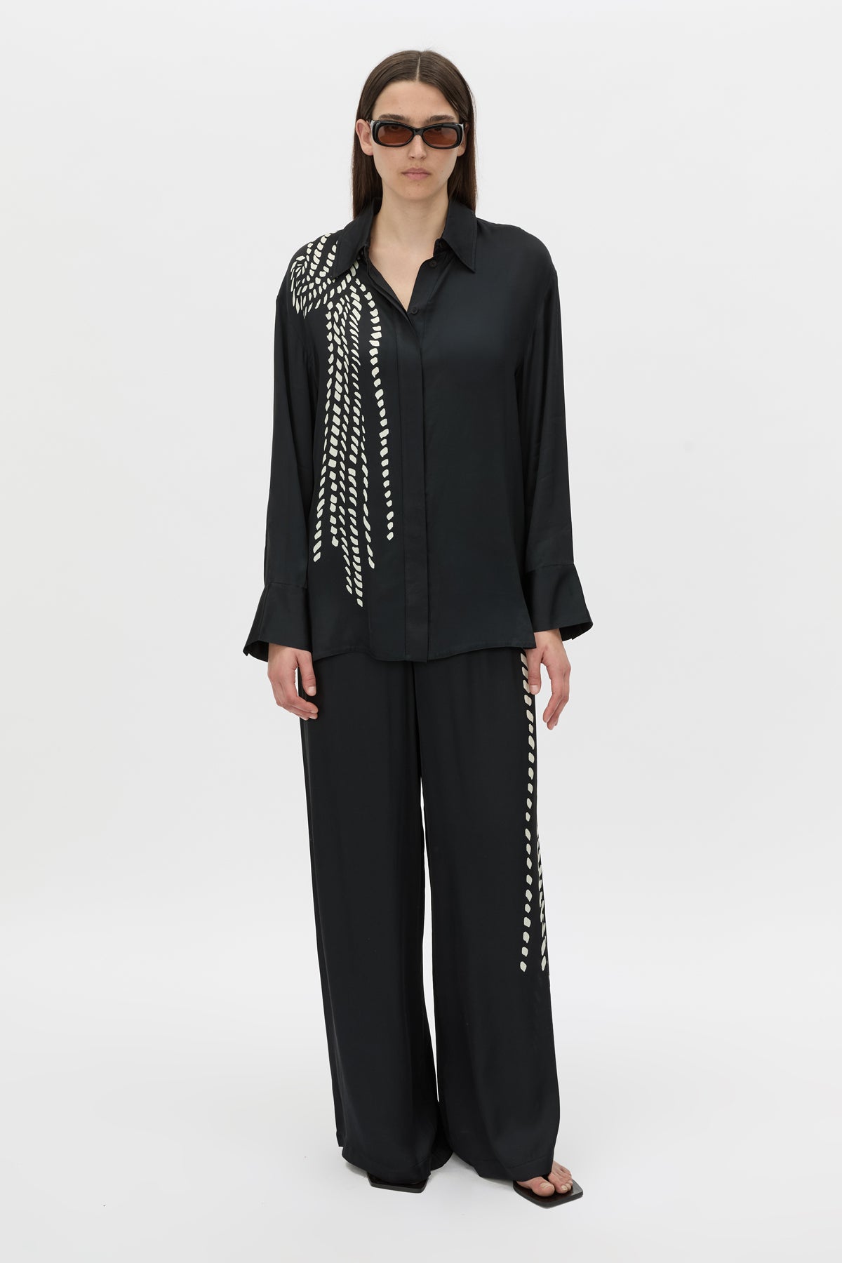 Front view CAMILLA AND MARC Suri Wide-Leg Pant in black suri print with mid‑rise fit.