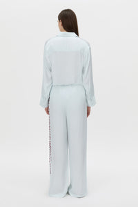 Back view CAMILLA AND MARC Suri Wide-Leg Pant in blue suri print with mid‑rise fit.