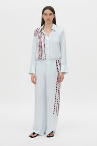 Front view CAMILLA AND MARC Suri Wide-Leg Pant in blue suri print with mid‑rise fit.