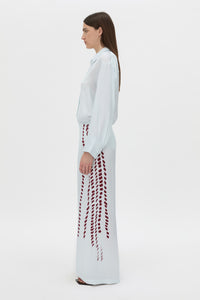 Side view CAMILLA AND MARC Suri Wide-Leg Pant in blue suri print with mid‑rise fit.