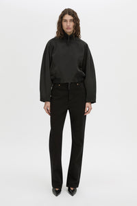 Front-styled view CAMILLA AND MARC Tamar Satin Bomber Jacket in black with double‑ended zipper.