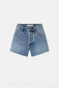 Ghost view CAMILLA AND MARC Tanner Denim Mini Short in light blue with raw‑hem.