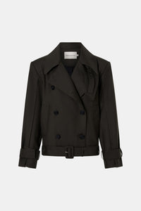 Ghost view CAMILLA AND MARC Tari Short Trench in Dark Khaki with contrast undercollar and shoulder pads.