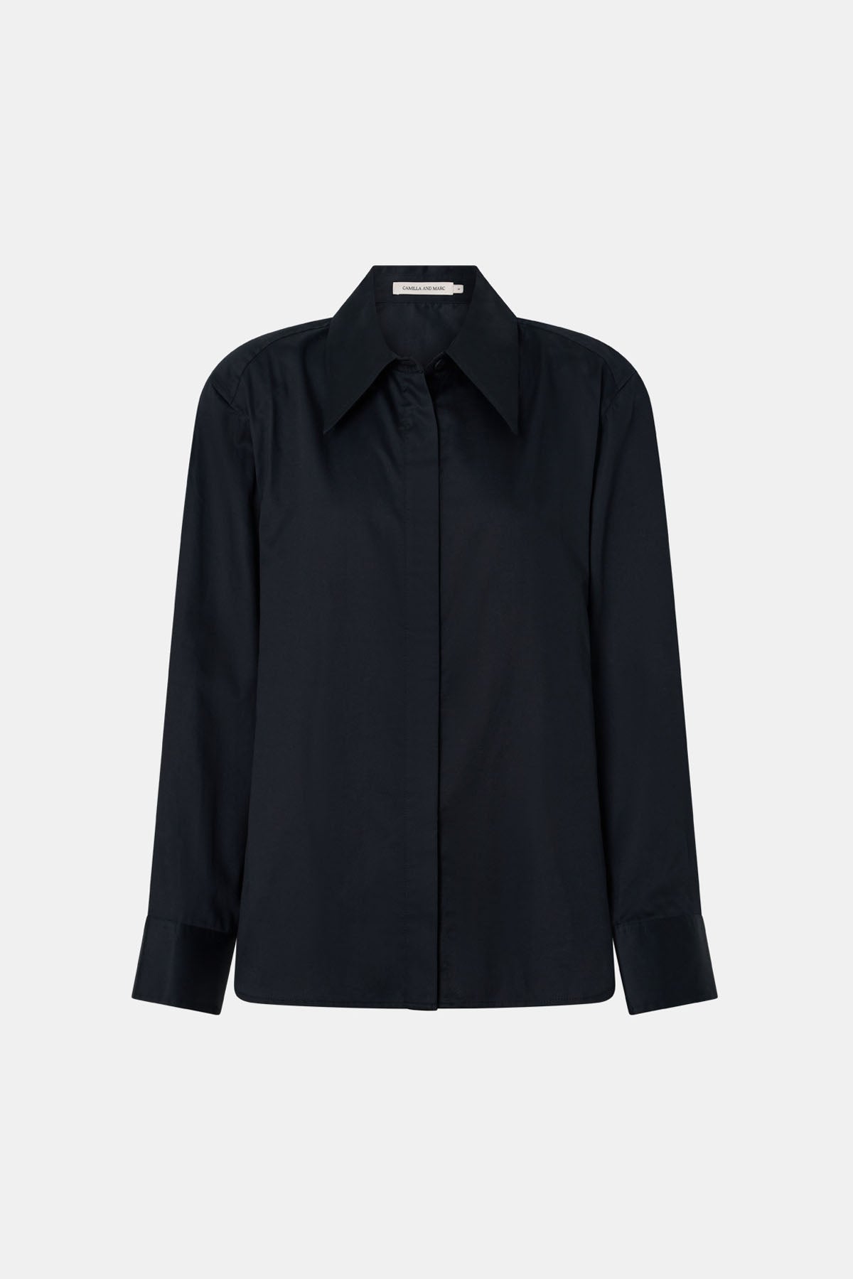 Ghost view CAMILLA AND MARC Tarn Fitted Long Sleeve Shirt in Black with adjustable fit, and removable shoulder pads.