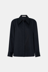 Ghost view CAMILLA AND MARC Tarn Fitted Long Sleeve Shirt in Black with adjustable fit, and removable shoulder pads.