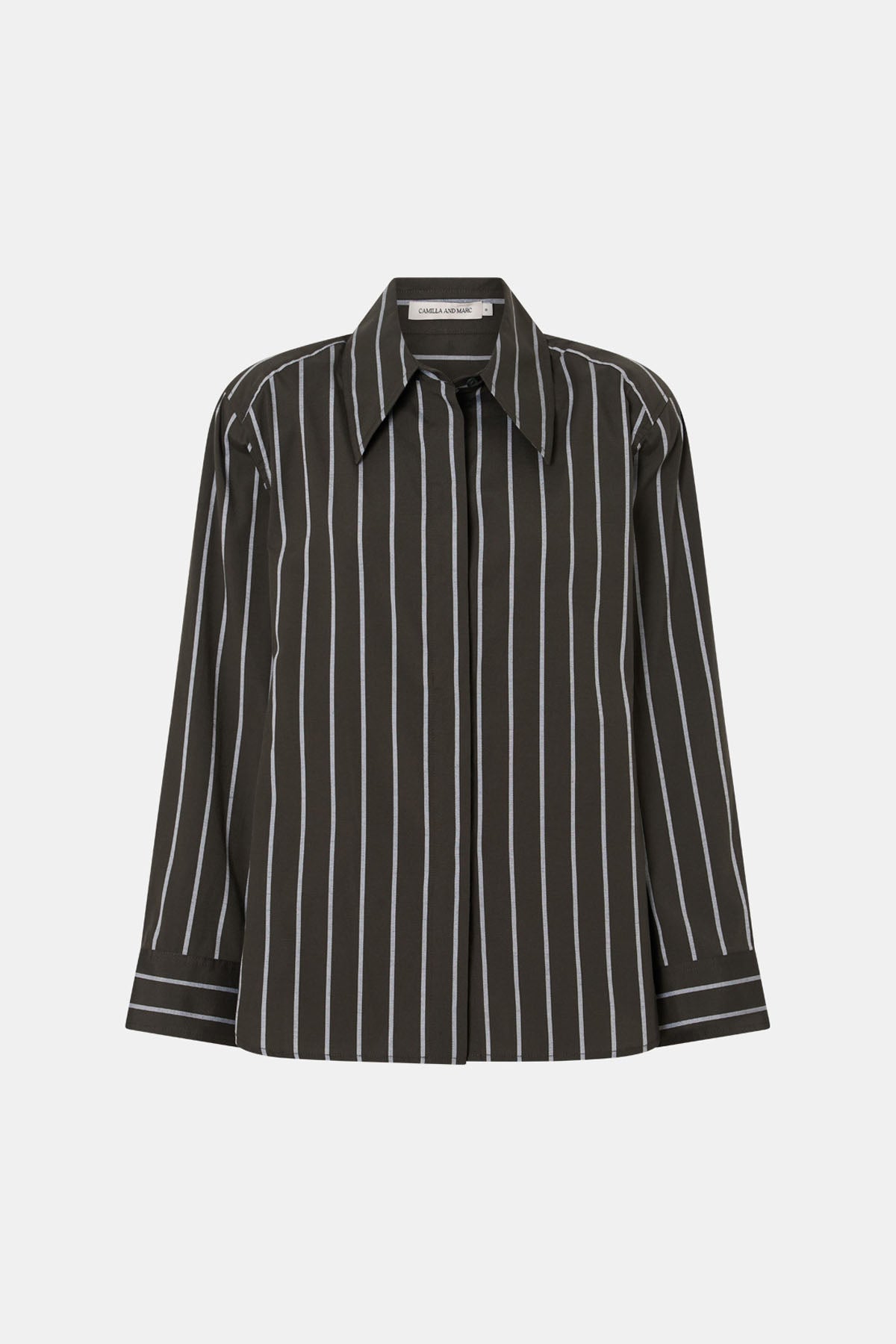 Ghost View - CAMILLA AND MARC Tarn Fitted Long Sleeve Shirt in emerald stripe with removable shoulder pads. 