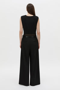 Back view CAMILLA AND MARC Taryn Mesh Bodysuit in black with a cowl-plunging neckline.