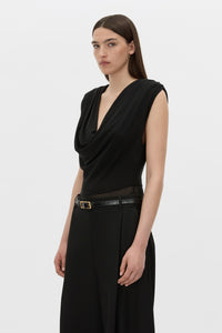 Cropped view CAMILLA AND MARC Taryn Mesh Bodysuit in black with a cowl-plunging neckline.