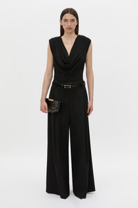 Front view CAMILLA AND MARC Taryn Mesh Bodysuit in black with a cowl-plunging neckline.