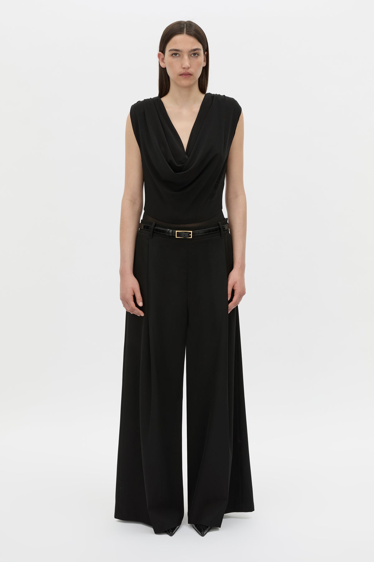 Front view CAMILLA AND MARC Taryn Mesh Bodysuit in black with a cowl-plunging neckline.