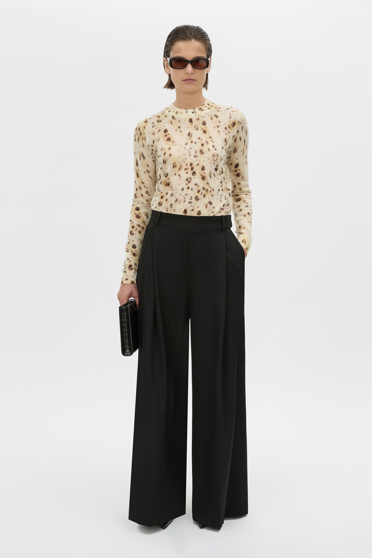 Front-styled view CAMILLA AND MARC long-sleeve Teneva Printed Knit Sweater in spot print.