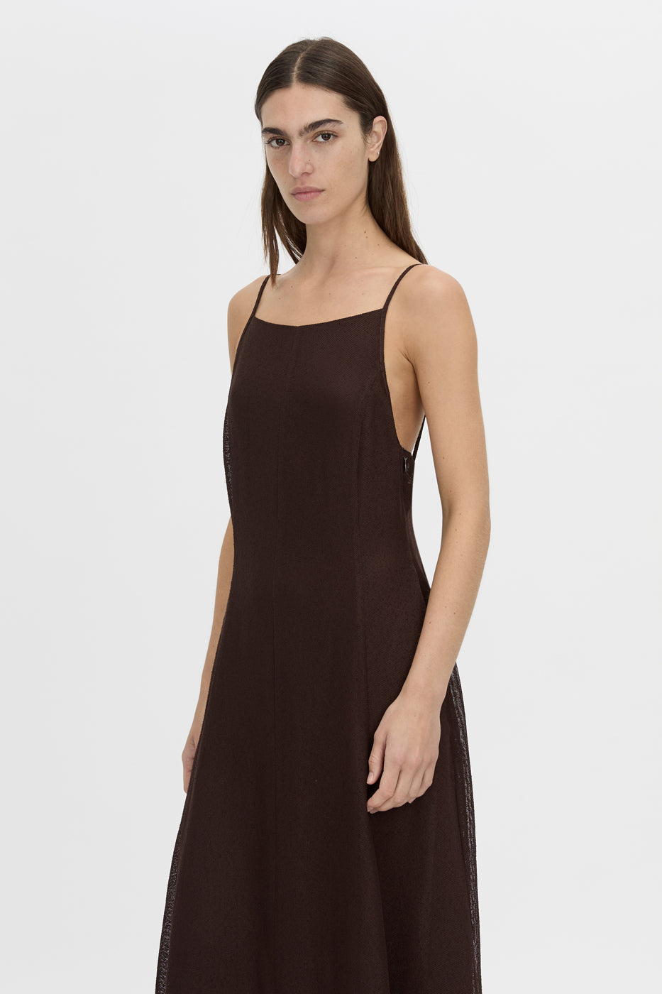 Cropped view CAMILLA AND MARC Tessara Maxi Dress in chocolate brown with a low‑back.