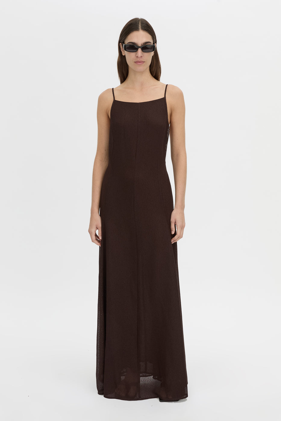 Front-styled view CAMILLA AND MARC Tessara Maxi Dress in chocolate brown with a low‑back.