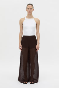 Front-styled view CAMILLA AND MARC high-waisted Tessara Pant in chocolate brown.
