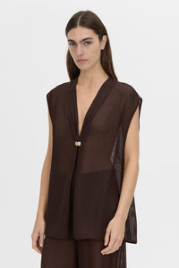Cropped view CAMILLA AND MARC Tessara Relaxed Top in chocolate with cinched V‑neckline.