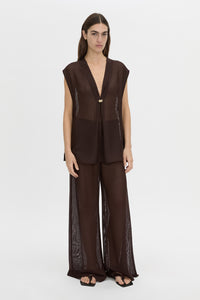 Front-styled view CAMILLA AND MARC Tessara Relaxed Top in chocolate with cinched V‑neckline.