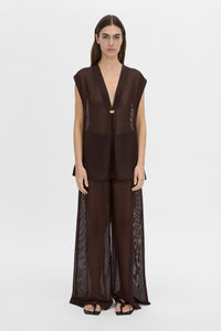 Front view CAMILLA AND MARC Tessara Relaxed Top in chocolate with cinched V‑neckline.