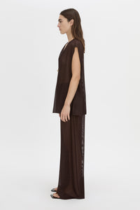 Side view CAMILLA AND MARC Tessara Relaxed Top in chocolate with cinched V‑neckline.