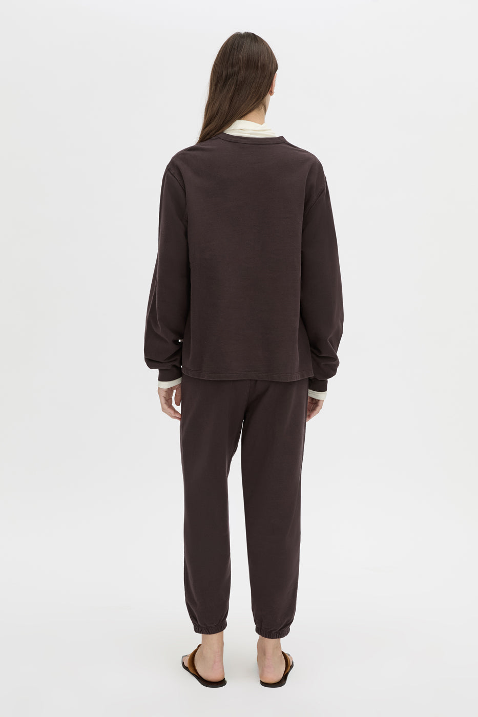 Back view CAMILLA AND MARC Thome Emb Relaxed Track Top in garment-dyed hickory.