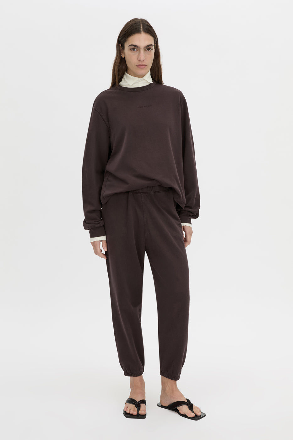 Front view CAMILLA AND MARC Thome Emb Relaxed Track Top in garment-dyed hickory.