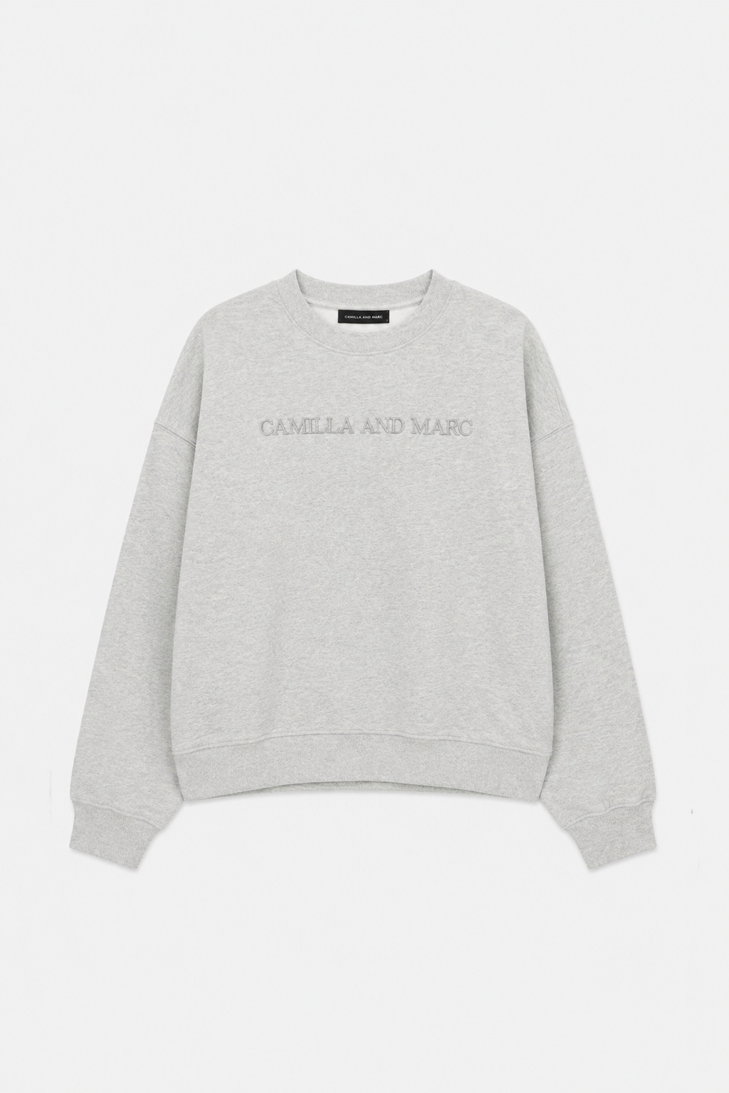Ghost view CAMILLA AND MARC relaxed Tia Flocking Logo Crew in mid grey with brushed loopback interior.