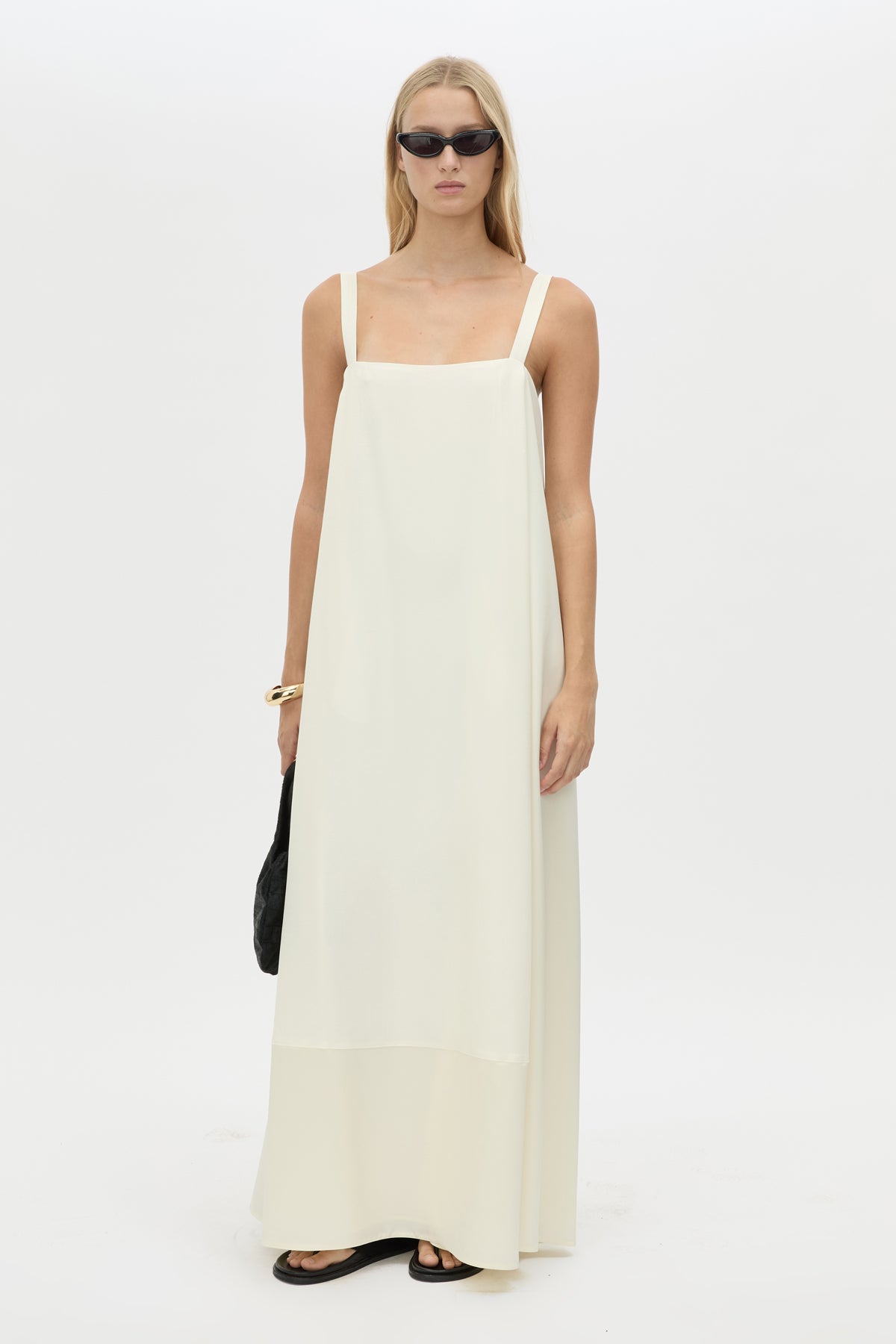 Front view CAMILLA AND MARC Tove Maxi Dress in Cream with a sleeveless silhouette and contrasting satin trim. 