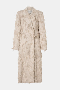 Ghost view CAMILLA AND MARC Tundra Double Breasted Coat in Stone with exaggerated shoulders, fitted waist and jacquard floral texture.