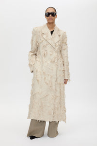 Front view CAMILLA AND MARC Tundra Double Breasted Coat in Stone with exaggerated shoulders, fitted waist and jacquard floral texture.